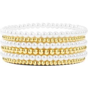 NWT (6) Pearl Gold Bracelets Ball Beaded Stretch Stack Trendy Bead Newton